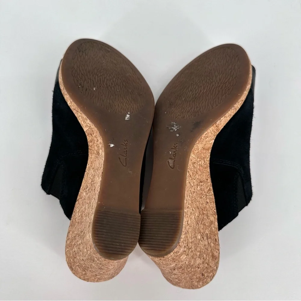 Clarks Lafley Wave Platform Wedge Sandals in Black Suede/Leather size 8 Cork